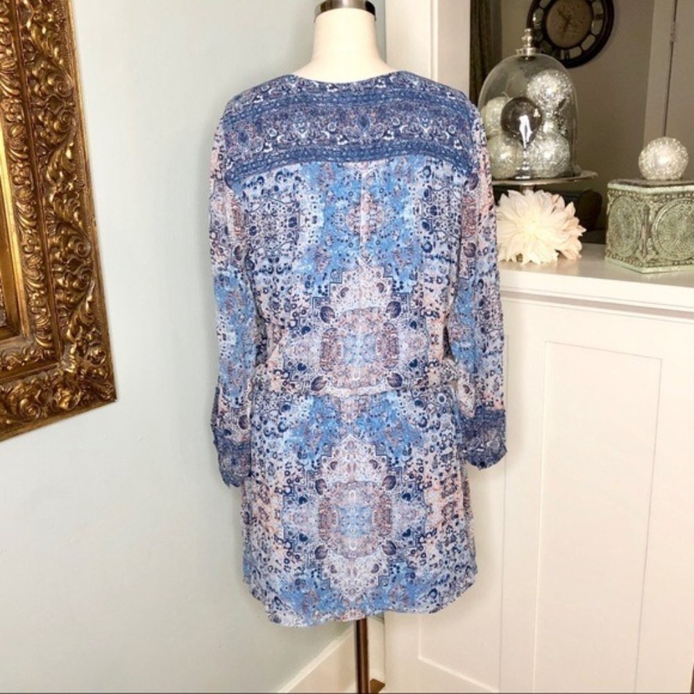 Joie Aidee Blue Printed Silk Chiffon Long Sleeve Mini Dress Medium - Picture 7 of 8